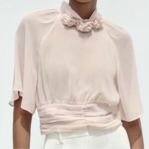 Zara Women's Dusty Pink Chiffon 3D Floral Cropped Blouse, Size S
